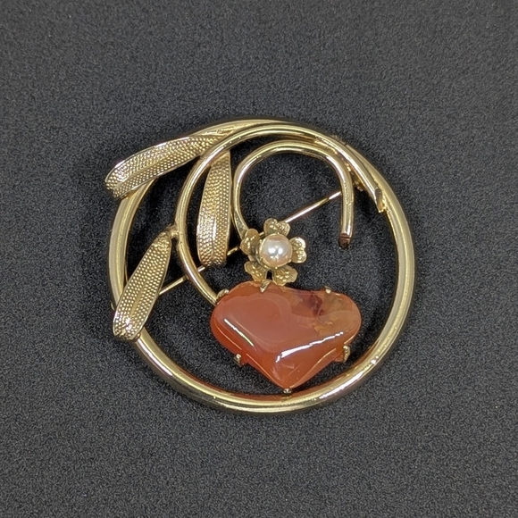 Vintage Artisan Freeform Heart Carnelian & Cultured Pearl Brooch 1 7/8" Gold Ton - Picture 2 of 5